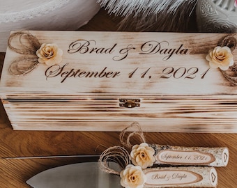 Rustic Wedding Cake Server Set: Personalized Birch Wood Handles & Engraved Box