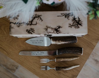 Rustic cake server,Wedding cake set,Rustic wedding Personalized server, Wood Wedding knife and server, deer wediing knife and server