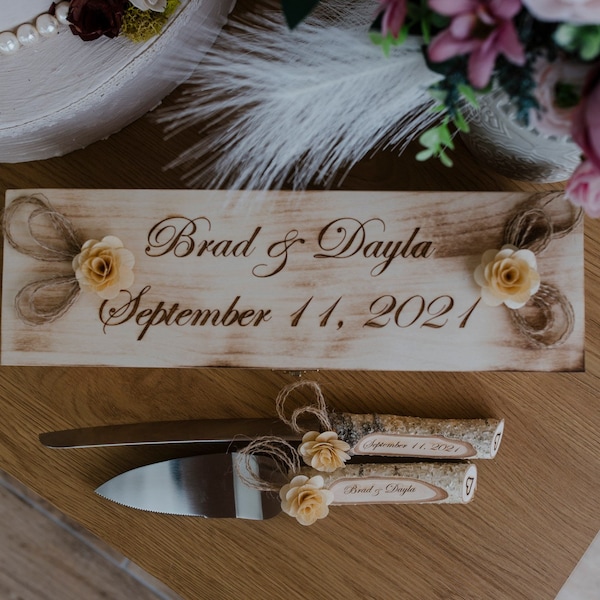 Rustic cake server,Wedding cake set,Rustic wedding Personalized server, Wood Wedding knife and server