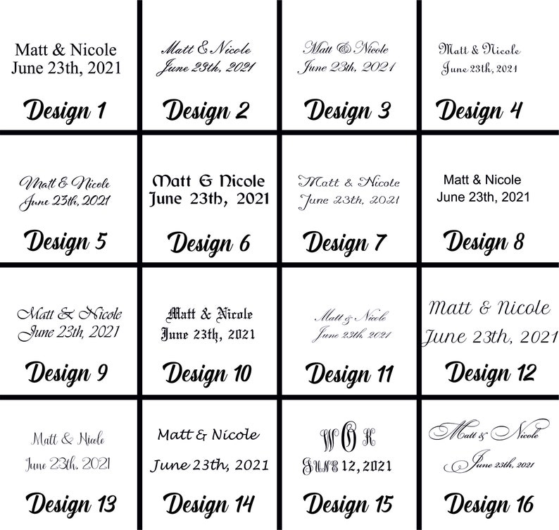 Puede incluir: Una cuadr&iacute;cula de 16 dise&ntilde;os diferentes de invitaciones de boda con los nombres Matt & Nicole y la fecha 23 de junio de 2021. Cada dise&ntilde;o presenta un estilo de fuente y un dise&ntilde;o diferentes.