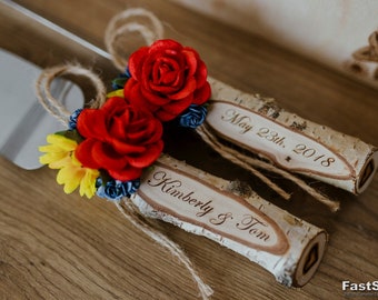 Rustic cake server,Wedding cake set,Rustic wedding Personalized server, Wood Wedding knife and server