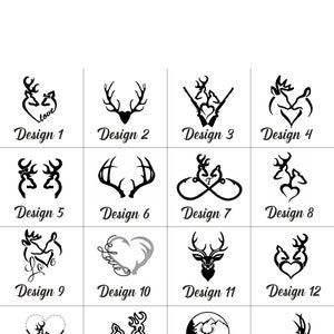 Puede incluir: Un conjunto de 16 dise&ntilde;os diferentes con cuernos de ciervo, corazones y otras im&aacute;genes relacionadas con la caza. Los dise&ntilde;os son en blanco y negro y est&aacute;n dispuestos en una cuadr&iacute;cula.
