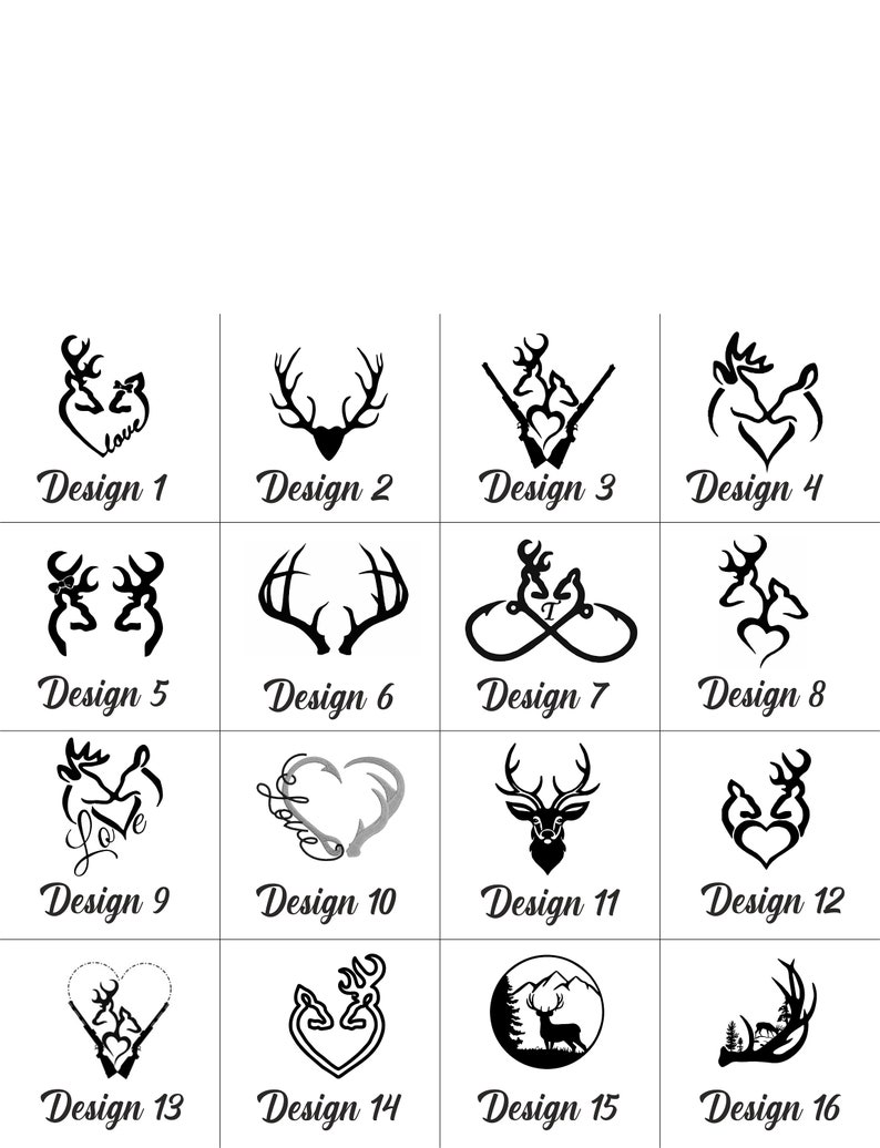 Puede incluir: Un conjunto de 16 dise&ntilde;os diferentes con cuernos de ciervo, corazones y otras im&aacute;genes relacionadas con la caza. Los dise&ntilde;os son en blanco y negro y est&aacute;n dispuestos en una cuadr&iacute;cula.
