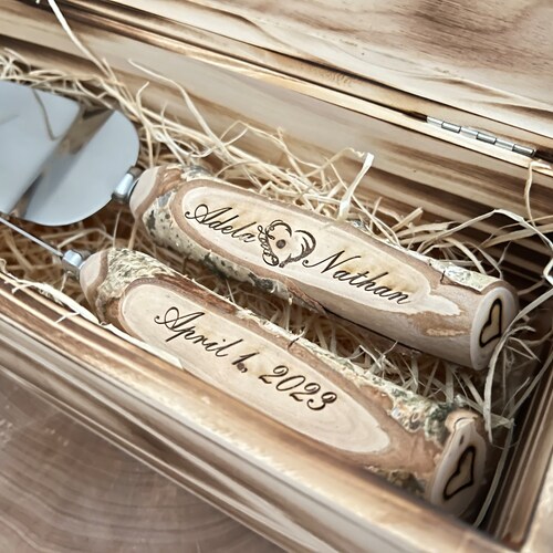 Rustic Wedding Cake Server Set, Personalized Birch Wood Handles