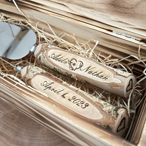 Rustikaler Tortenheber, Hochzeitstorte-Set, Rustikale Hochzeit, Personalisierter Tortenheber, Holz-Hochzeitsmesser und Tortenheber