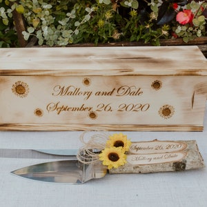Rustic cake server, Sunflower Wedding cake set, flower  Personalized server, knife and box, Wood Wedding knife and server