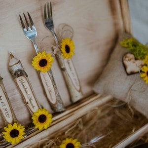 Sunflower Wedding glasses, forks and cake server set, bridal flutes, toast glasses, wooden pencils, bridal shower gift for bride in a box
