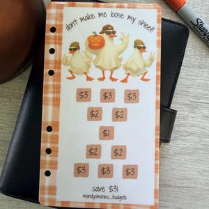 May include: A rectangular paper savings tracker with a light orange plaid border. The top features three cartoon ducks wearing hats and sunglasses, one holding a pumpkin, with the text "don't make me loose my sheet!". Below are rows of squares with dollar amounts, totaling $31, and the text "mandysmonies_budgets".