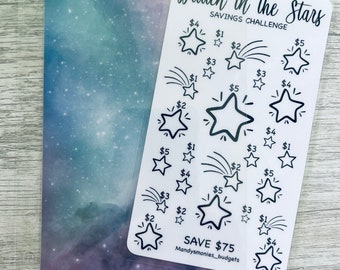 Written in the Stars  Savings Challenge - save 75  dollars/ A6 cash stuffing envelope with  saving challenge/ laminated and reusable