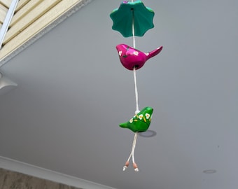 Ceramic birds with umbrella ceiling hanging