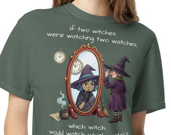 Camiseta con la frase "¿Qué bruja mira?", trabalenguas divertido, camiseta de colores cómodos con humor de Halloween.