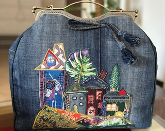 Borsa in denim da viaggio Borsa jeans riciclato Borsa weekender