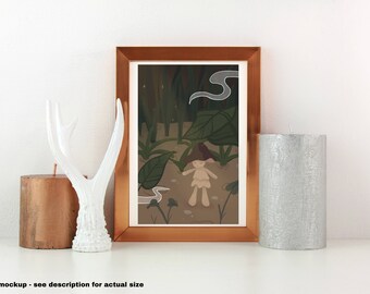 キノコガール オリジナルアートプリント 6"x9.5" - キノコの森 フェアリーコア 妖精 グランジアート イラスト