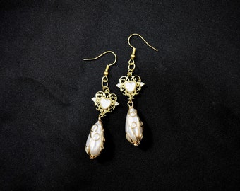 Ornate Gold Heart Charm Earrings with Pearl Teardrops - Light Academia jewelry / earrings