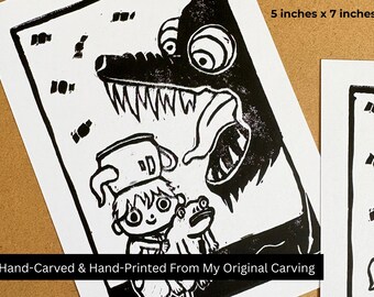 Cozy Spooky Garden Teapot Character Linocut print