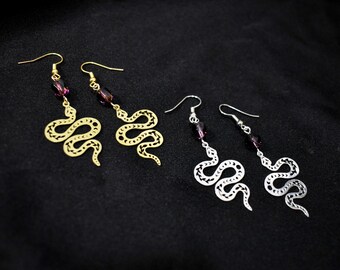 Snake Charm Earrings with Czech Glass Beads – Gothic Jewelry