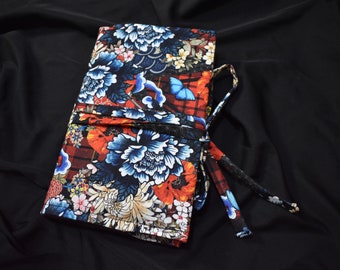 Dark Floral Plaid Print Handmade book cover / book sleeve (Adjustable)