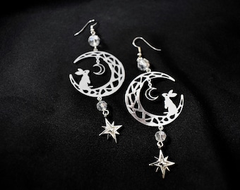 Bunny Rabbit on Moon Silver Earrings - Dangle Statement Earrings