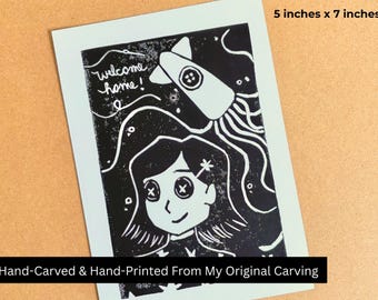 Spooky Doll / Button Eye Girl Linocut print