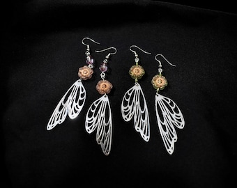 Fairy Wing Earrings: Rhodium Plated, Floral Czech Glass Beads