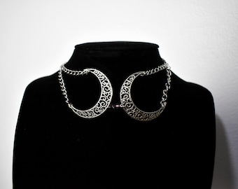 Silver Double Crescent Moon Choker – Gothic, Witchy Necklace