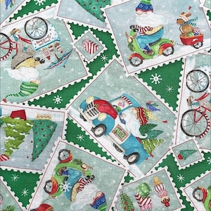 Cartolina di gnomi di Natale 44 x 36 da lanciare su tessuto verde 100% cotone