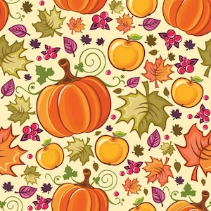 Fall Autumn Thanksgiving Pumpkins and Leaves on Cream 100% Cotton Fabric