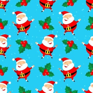 Christmas Dancing Santas on Blue by the yard 100% Cotton Fabric