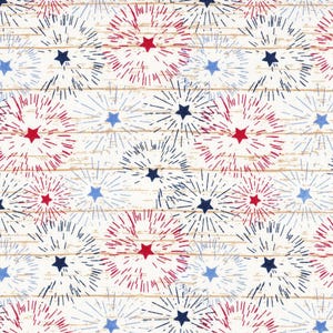 May include: A fabric pattern featuring a repeating design of red, navy blue, and light blue starbursts on a white background with horizontal tan wood grain lines. Each starburst centers on a solid five-pointed star in a matching color.