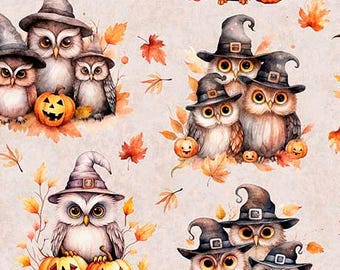 QT Cuties Halloween Owls on Oatmeal 100% Cotton Price per Yard