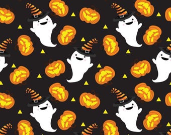 Halloween Ghosts and Pumpkins on Black 100% Cotton