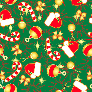 45 x 36 Christmas Gold and Red Balls Bows and Hats on Green 100% Cotton Fabric