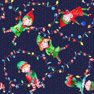 Christmas Dancing Elves Stringing Lights on Navy Blue 100% Cotton Fabric