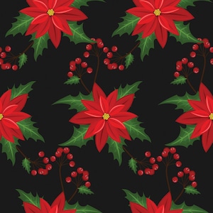 Poinsettias de Noël sur fond noir 100 % coton