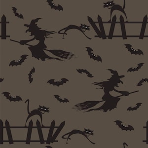 Halloween Flying Witches Bats and Scary Cats on Muted Black 100% Cotton Fabric