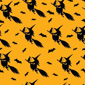 45 x 36 vliegende heksen Halloween met katten en vleermuizen op oranje goud 100% katoen