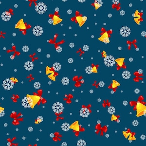 45 x 36 Christmas Fabric Bells and Snowflakes on Navy Blue 100% Cotton