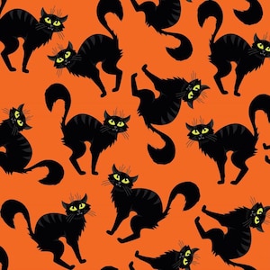 Halloween griezelige zwarte katten op oranje 100% katoenen stof