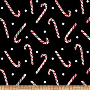 Benartex Christmas Candy Canes on Black Keeping Cozy Black 100% Cotton Price per Yard