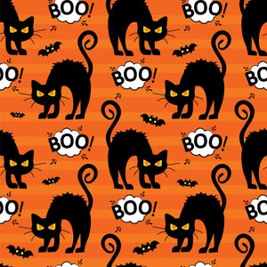 Halloween Black Cats BOO and Bats on Striped Orange 100% Cotton Fabric