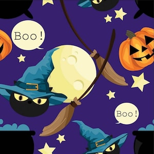 Halloween Fabric Smiling Pumpkin Jack o Lantern cauldron on Purple 100% Cotton Fabric