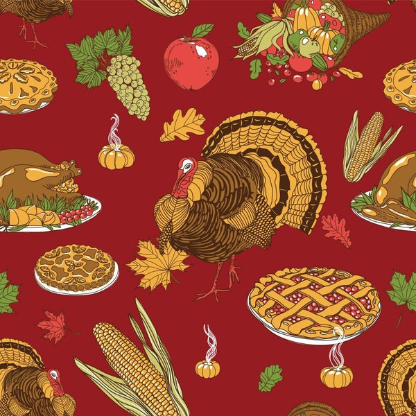44 x 36 Turkey Pie Gourds Corn Pie on Red Fall Autumn Thanksgiving