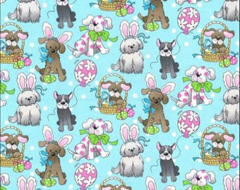 Fabric Traditions Easter Puppies Dogs on Blue 100% Cotton Price per Yard