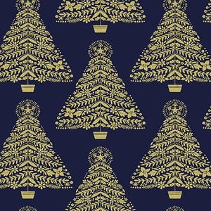 Benartex Christmas Festive Trees on Navy Metallic 100% Cotton Fabric Price per Yard