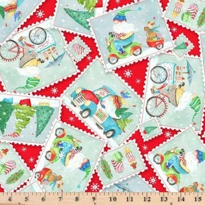 Cartolina di gnomi di Natale 44 x 36 da lanciare su tessuto rosso 100% cotone