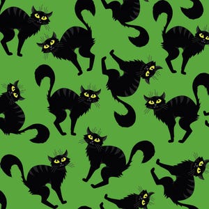 Halloween Creepy Black Cats on Green 100% Cotton Fabric