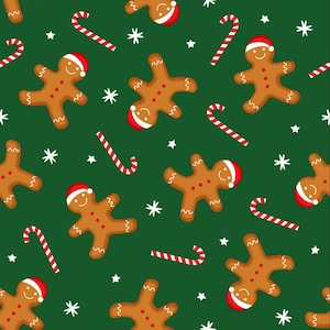 44 x 36 kerstpeperkoek en zuurstokken op groene 100% katoenen stof op maat gesneden