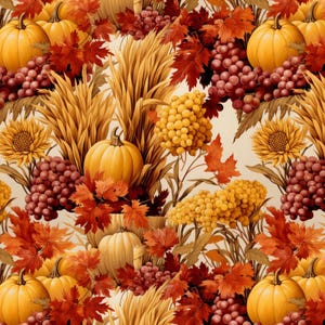 Op de afbeelding: Een naadloos herfstpatroon met oranje pompoenen, trossen rode en gele druiven, gouden tarwestengels en levendige rode esdoornbladeren. Het ontwerp toont een rijk oogstthema met gedetailleerde botanische elementen in een herhalende lay-out.