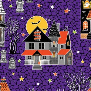 Benartex Halloween Glowoween Haunted Houses On Purple Glow in the Dark 100% Cotton Fabric Price per Yard