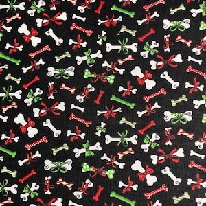 44 x 36 Christmas Dog Puppies Bones and Bows on Black Fabric Traditions 100% Cotton